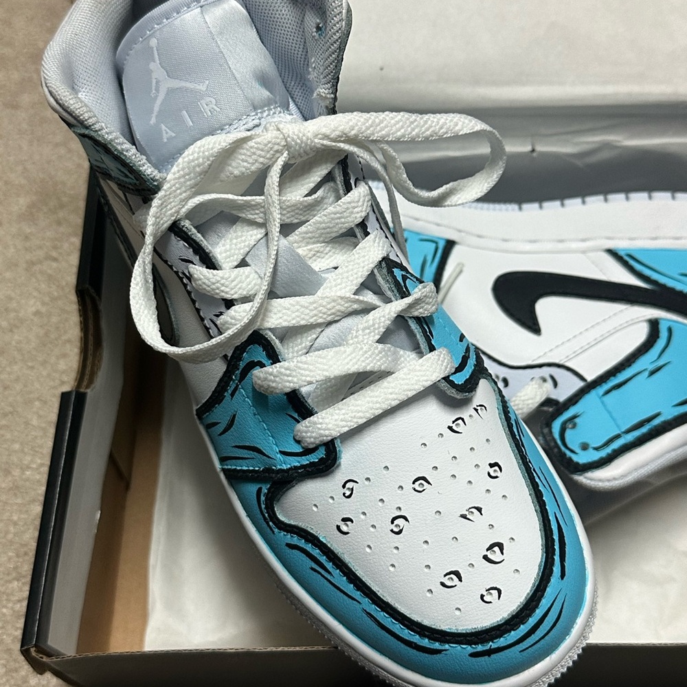 Custom Cartoon painted Kids Blue and White air Jordan Sneakers size 4.5 Y - Picture 3 of 15